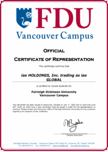 iae GLOBAL Vancouver Agent Certificate – Acknowledging our certified expertise in international student recruitment in Vancouver.