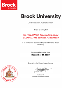 Brock University Certificate awarded for academic achievement in studying abroad with iae GLOBAL.